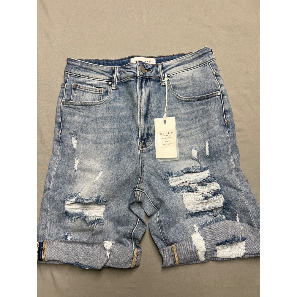 Risen Jeans Womens Distressed Bermuda Shorts Light Wash RDS6027 Size L High Rise